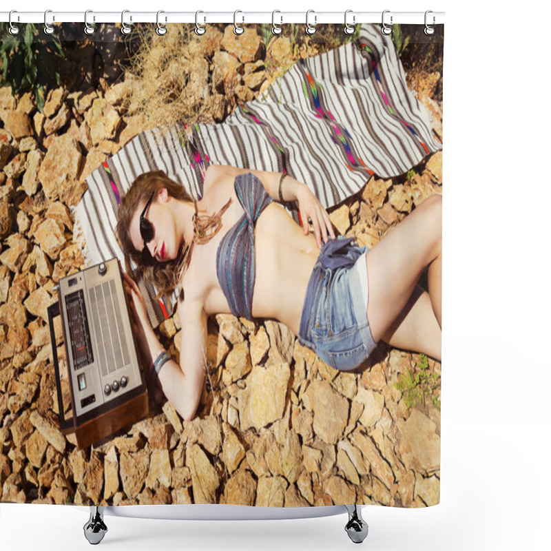 Personality  Beautiful Girl On A Stony Beach Shower Curtains