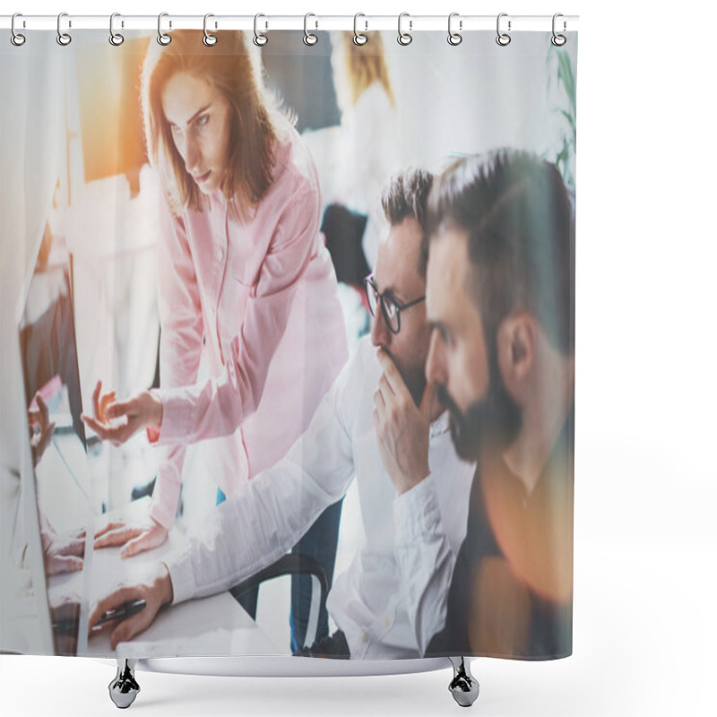 Personality  Coworkers Business Meeting Process Sunny Office.Closeup Teamwork Modern Concept.Group Three Young People Discussing Together Startup Idea.Businessman Team Working Online Project Desktop.Blurred Flare. Shower Curtains