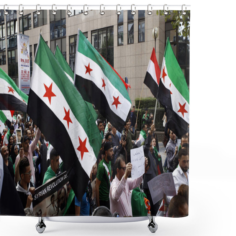 Personality  People Wave Syrian Flags And Shout Slogans During A Protest Against Syrian President Bashar Assad In Brussels, Belgium On Sept. 8, 2018. Shower Curtains