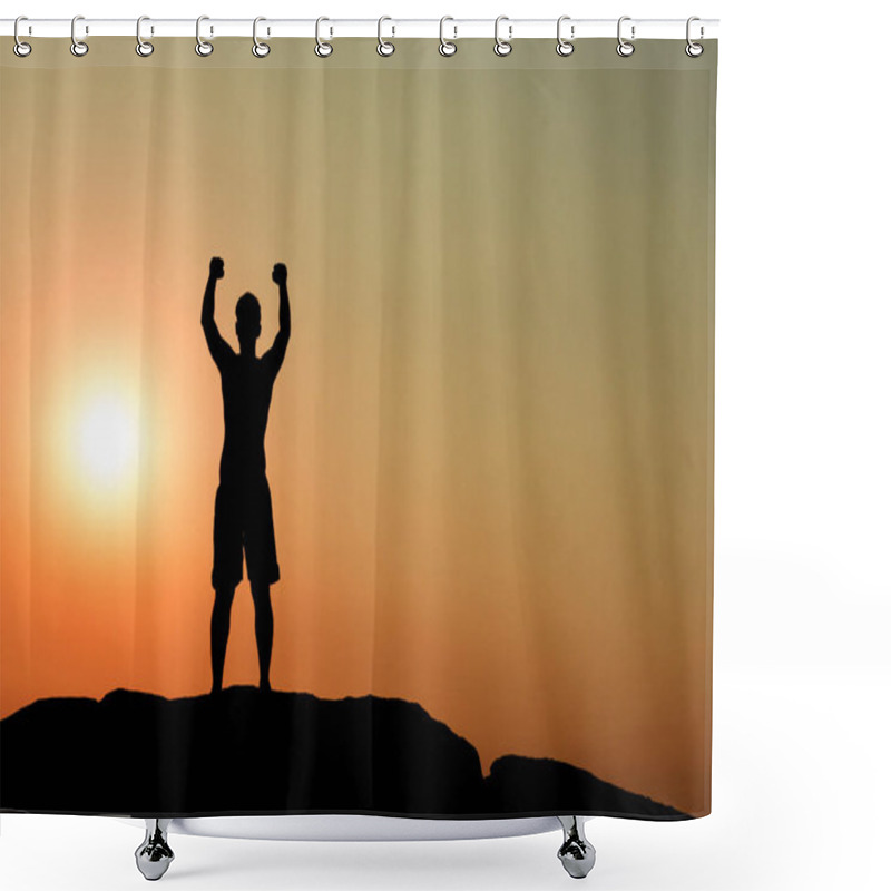 Personality  Silhouette Of Half Naked Confident Man Doing A Winning Pose Agai Shower Curtains