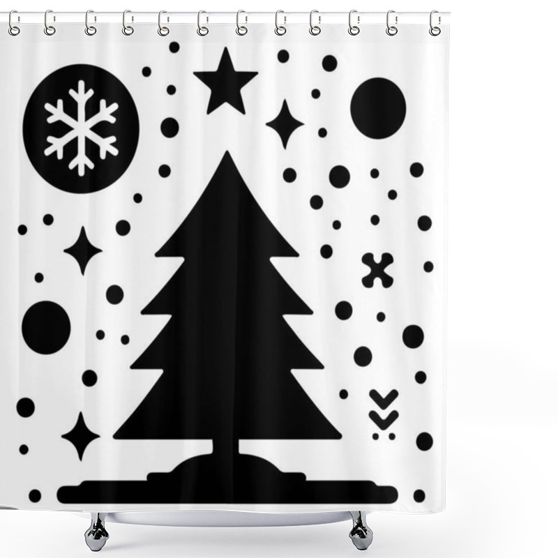 Personality  This Festive Vector Illustration Features A Stylized Christmas Tree Surrounded By Various Holiday-themed Elements, Including Snowflakes, Stars, And Decorative Dots. The Black And White Design Is Perfect For Holiday Greeting Cards, Seasonal Decoration Shower Curtains