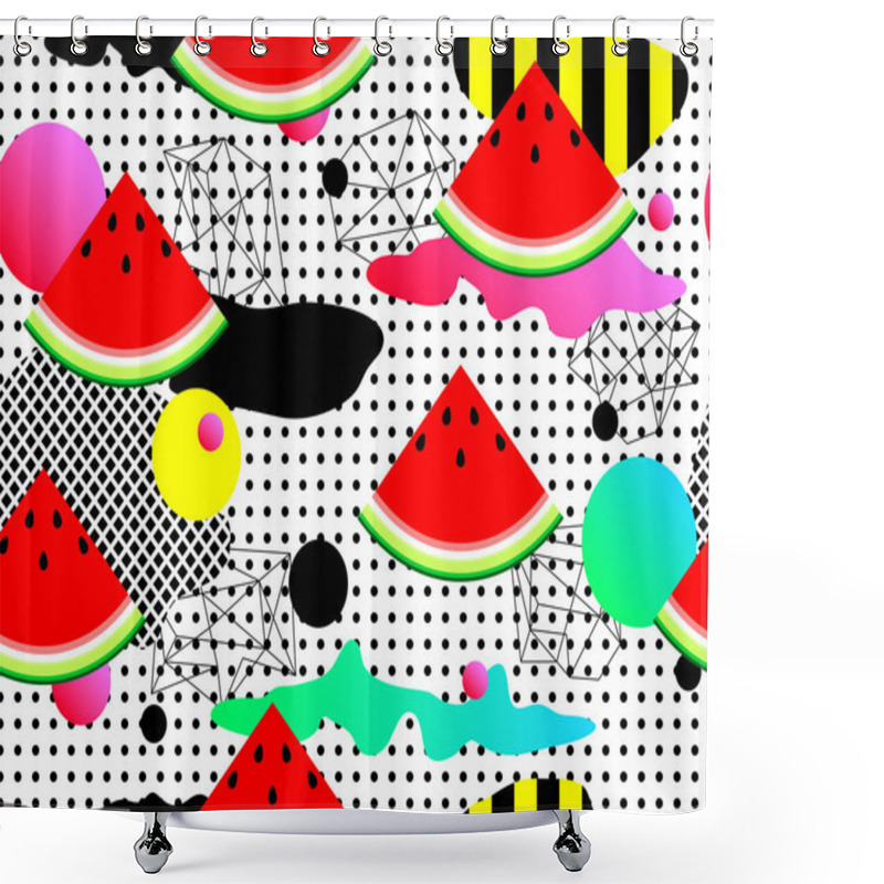 Personality  Seamless Summer Geometric Pattern With Watermelon In Retro 80s 90s Style. Abstract Vector Retro Memphis Design. Perfect For Wallpapers, Pattern Fill, Web Background, Surface Texture, Textile Shower Curtains