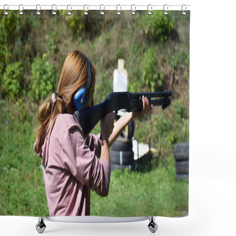 Personality  A Young Woman Is Trained In Combat Shooting From A Shotgun. Long Shotgun, Pump Action Shotgun And Shotgun. Shooting Gallery Shower Curtains