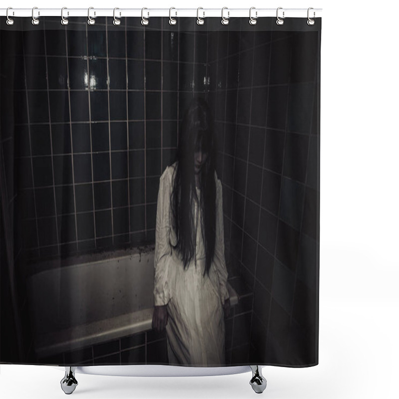 Personality  Portrait Of Asian Woman Make Up Ghost,Scary Horror Scene For Background,Halloween Festival Concept,Ghost Movies Poster Shower Curtains