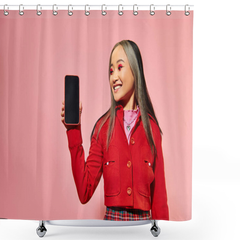 Personality  Happy Asian Woman With Red Valentines Day Makeup Showing Smartphone With Blank Screen On Pink Shower Curtains