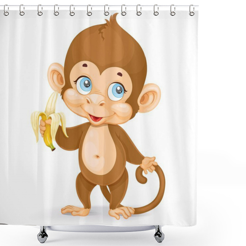 Personality  Cute Baby Monkey With Banana Stand On A White Background Shower Curtains