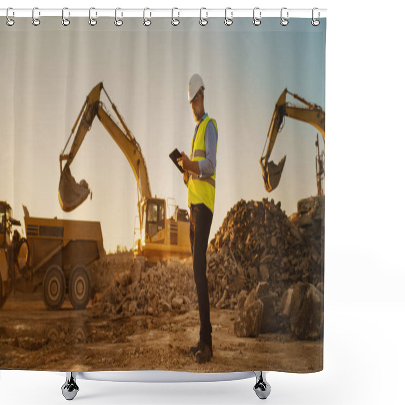 Personality  Caucasian Male Real Estate Investor Wearing Protective Goggles And Using Tablet On Construction Site On A Sunny Day. Man Inspecting Building Progress Shower Curtains