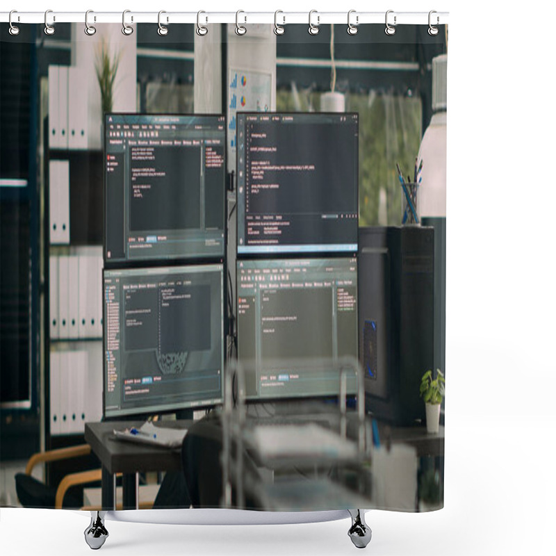 Personality  Monitors Displaying Parsing Code In Empty It Agency Office Desk With Computers Compiling Data Algorithms. Artificial Intelligence Servers Cloud Computing With Html Script On Temrinal Window. Shower Curtains