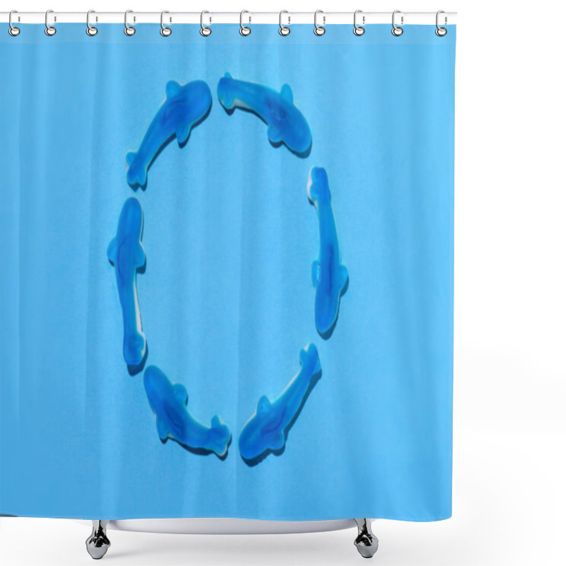 Personality  Top View Of Gummy Sharks In Circle Shape On Blue Shower Curtains