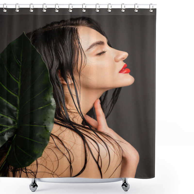 Personality  Side View Of Beautiful Young Woman With Brunette And Wet Hair, Red Lips And Perfect Skin Posing With Hand On Neck Next To Blurred Tropical Green Palm Leaf Isolated On Grey Background  Shower Curtains