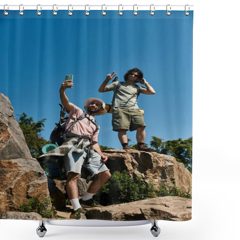 Personality  Two Young Men Hike Together In The Wilderness, Taking A Selfie On A Rocky Mountaintop. Shower Curtains