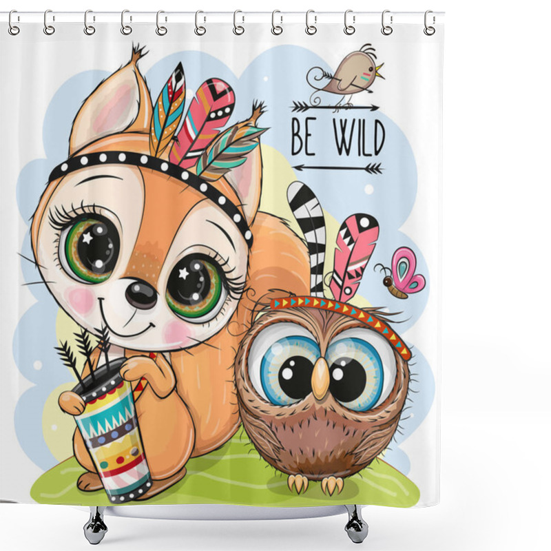 Personality  Cute Cartoon Tribal Squirrel And Owl With Feather Shower Curtains