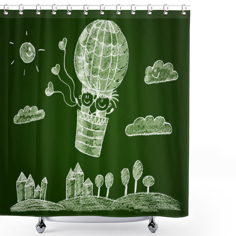 Personality  Happy Boy And Girl Fly In Big Ballon. Shower Curtains