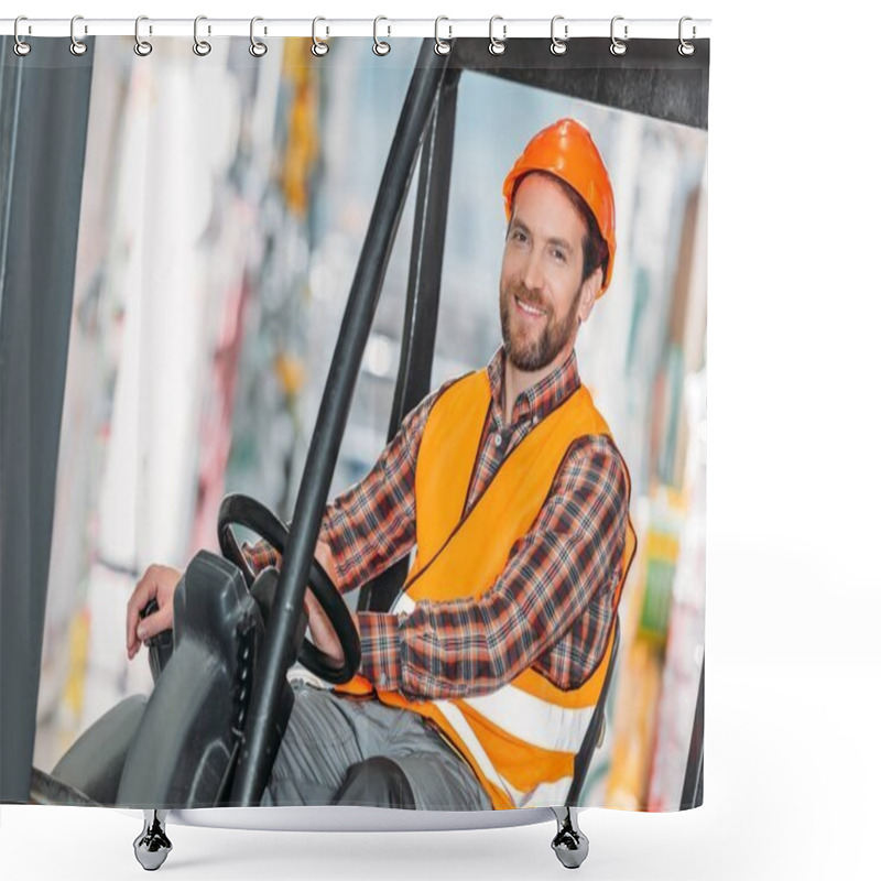 Personality  Male Worker In Safety Vest And Helmet Sitting In Forklift Machine In Storage Shower Curtains