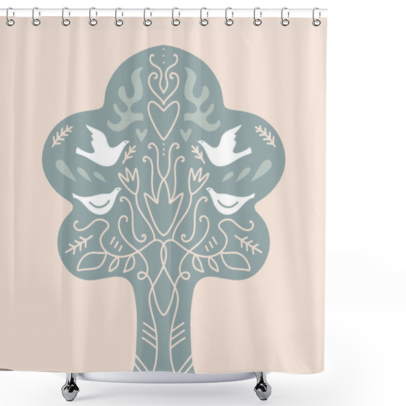 Personality  Vector Birds Art For Toddlers, Scandinavian Folk Art, Patterned Tree Silhouette. Clip Art Shower Curtains