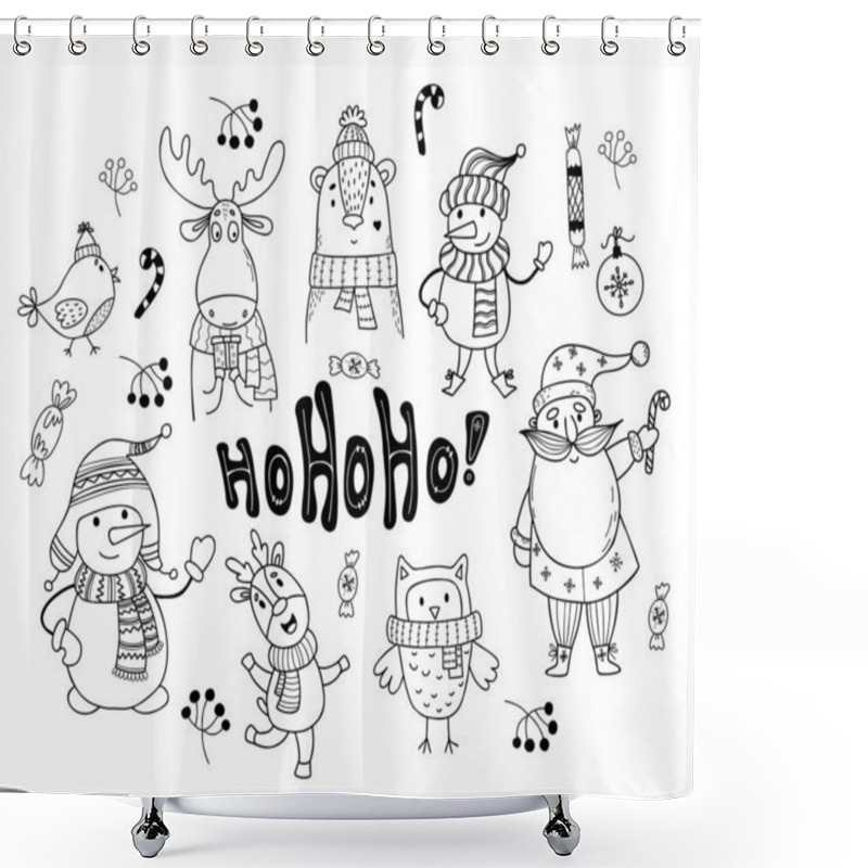 Personality  Set Christmas Cartoon Characters Doodle. Old Man Santa Claus, Snowman, An Owl And Bear In Knitted Scarf And Hat, An Elk, Bird And Christmas Balls And Caramel Stick. Isolated Vector Hand Drawings Shower Curtains