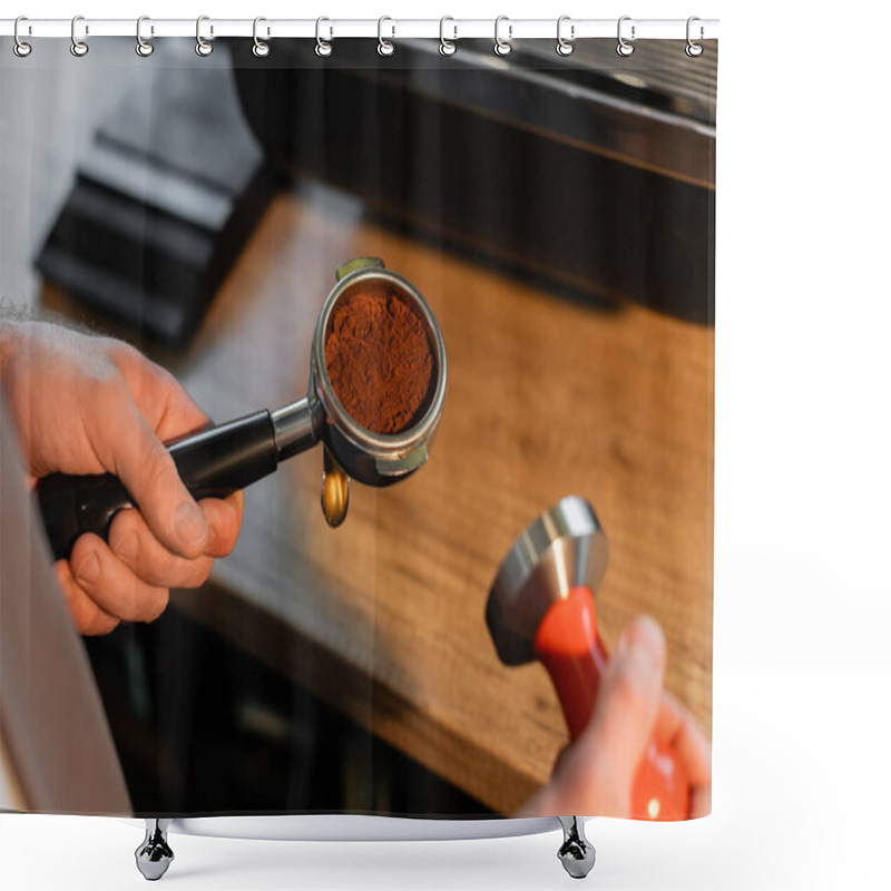 Personality  Cropped View Of Barista In Apron Holding Holder With Coffee And Press In Coffee Shop Shower Curtains