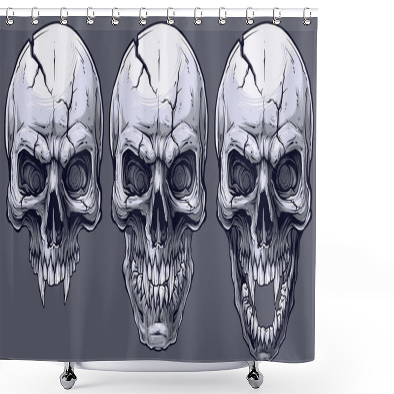 Personality  Detailed Graphic Realistic Cool Black And White Human Skulls With Sharp Canines And Cracks. On Gray Background. Vector Icon Set. Shower Curtains