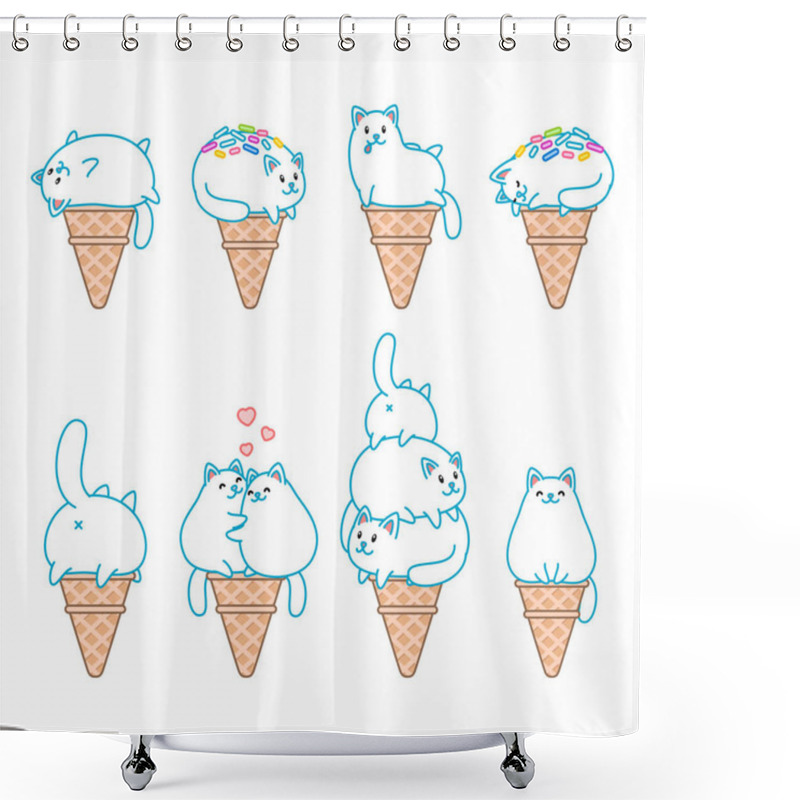 Personality  Set Of Cat Ice-creams. Illustration Of Ice-creams Looks Like A Funny White Cats Sitting In A Waffle Cone. Isolated Objects. Vector 8 EPS. Shower Curtains