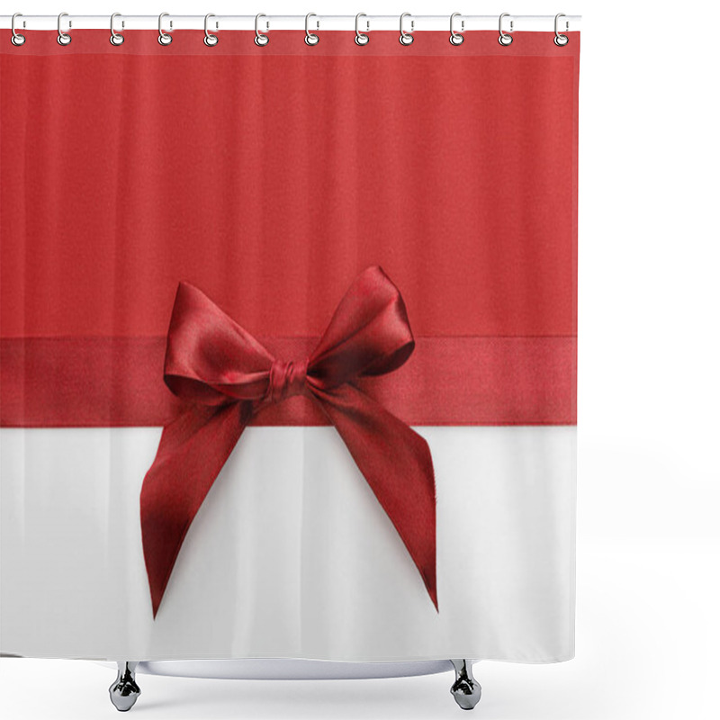 Personality  Top View Of Satin Burgundy Decorative Ribbon With Bow On White And Red Background Shower Curtains