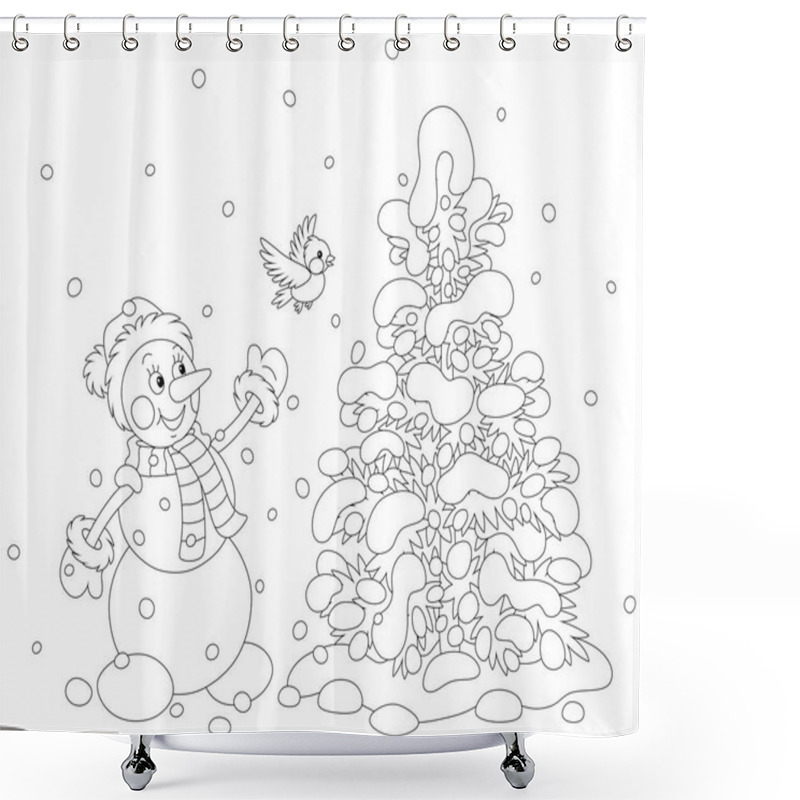 Personality  Funny Toy Snowman Friendly Smiling And Playing With A Merry Small Bird Near A Pretty Fir In A Snowy Winter Park, Black And White Outline Vector Cartoon Illustration For A Coloring Book Page Shower Curtains