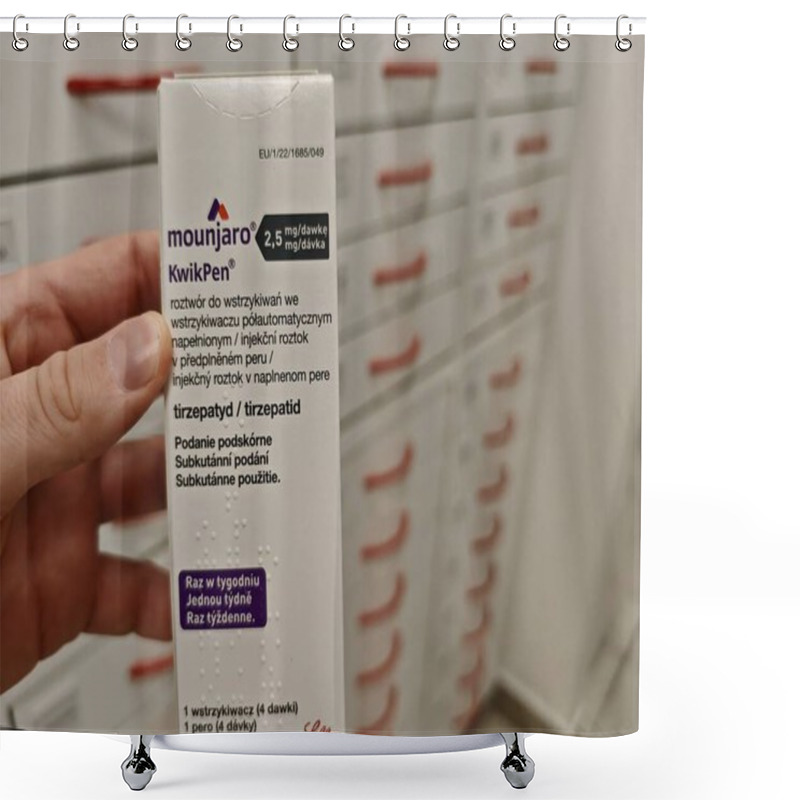 Personality  Prague, Czech Republic - October 25 2024: MOUNJARO KWIKPEN With TIRZEPATIDE Active Substance By ELI LILLY, Used For Type 2 Diabetes And Weight Management. Shower Curtains