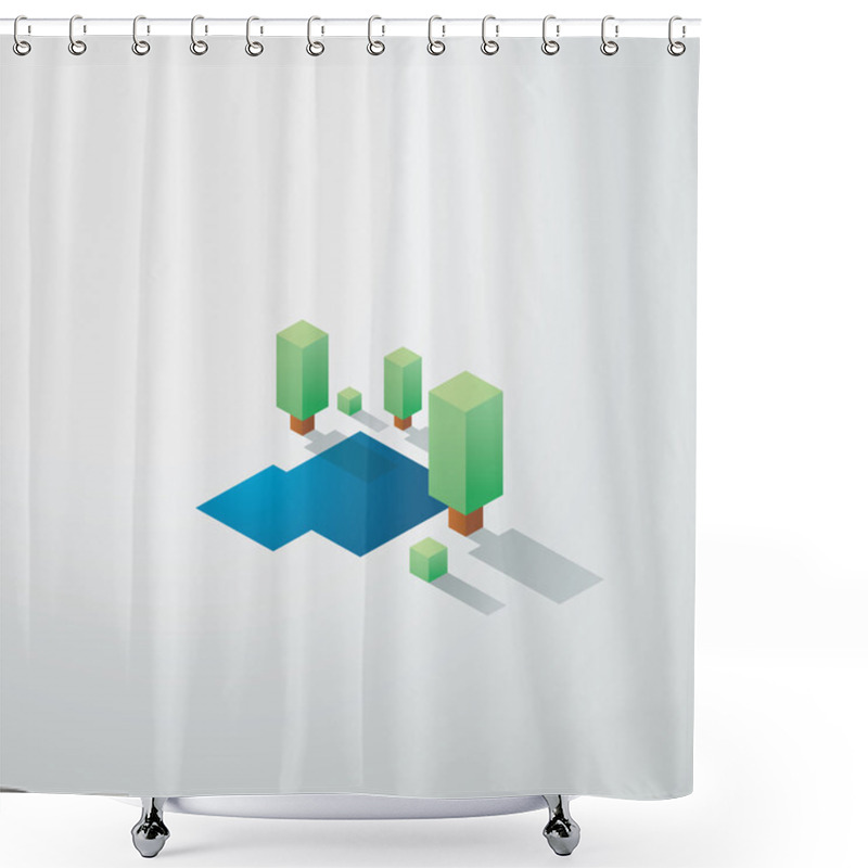 Personality  Minimalistic Nature Landscape Background. Low Poly Isometric Design. Trees And Lake Environment. Shower Curtains