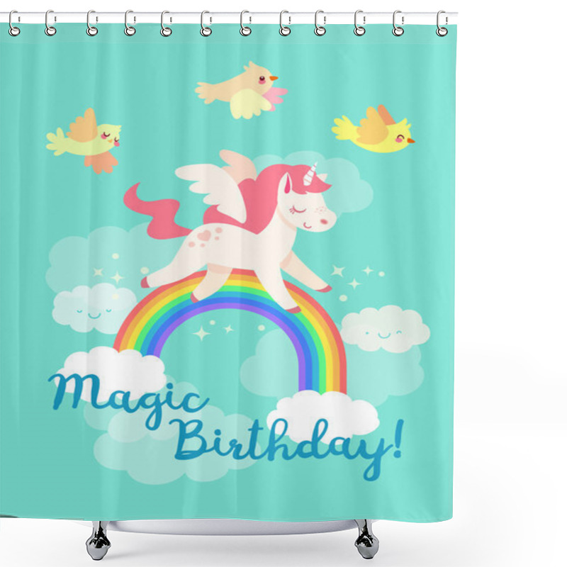 Personality  Happy Birthday Card With Flying Unicorn In Vector Shower Curtains