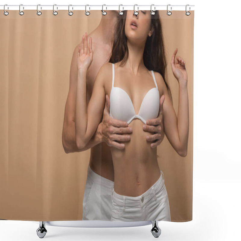 Personality  Cropped View Of Tender Boyfriend Hugging Girlfriend In White Bra, Isolated On Beige Shower Curtains