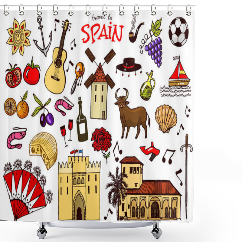 Personality  Spanish Traditional Symbols And Objects. Set Of Signs And Icons In Vintage Style. Hand Drawn. Guitar, Futbol, Music And Wine. Shower Curtains