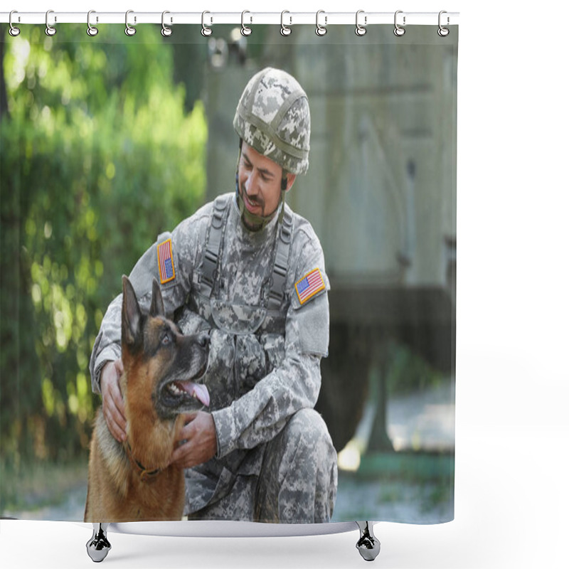 Personality  Soldier With Military Working Dog Outdoors Shower Curtains