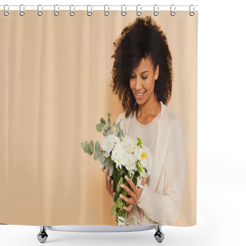 Personality  African American Woman Holding Bouquet Of Daisies And Smiling On Beige Background Shower Curtains