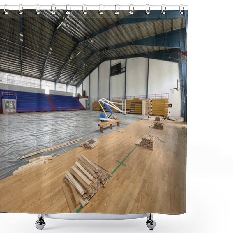 Personality  Construction Site Of Sports Hall, Basketball Court Renovation, School Gym Indoor Changing Hardwood Parquet Flor And Insulation. Shower Curtains