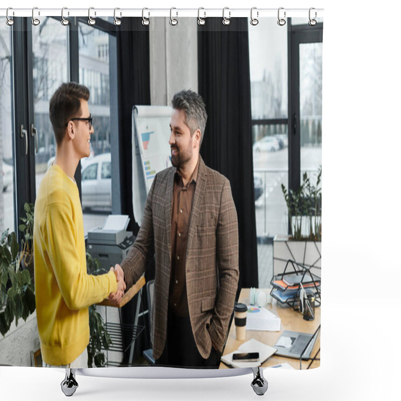 Personality  Two Professionals Engage In A Warm Handshake, Celebrating A Successful Onboarding Process Together. Shower Curtains