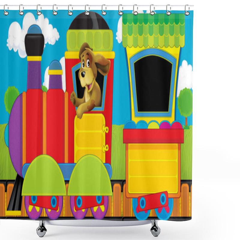 Personality  Cartoon Funny Looking Steam Train Going Through The Meadow - Illustration For Children Shower Curtains