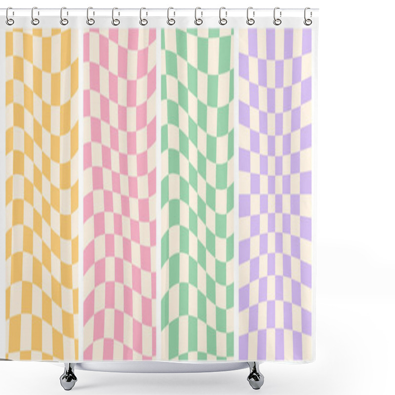 Personality  Groovy Hippie 70s Vector Backgrounds Set. Chessboard Patterns. Twisted And Distorted Vector Texture In Trendy Retro Psychedelic Shower Curtains