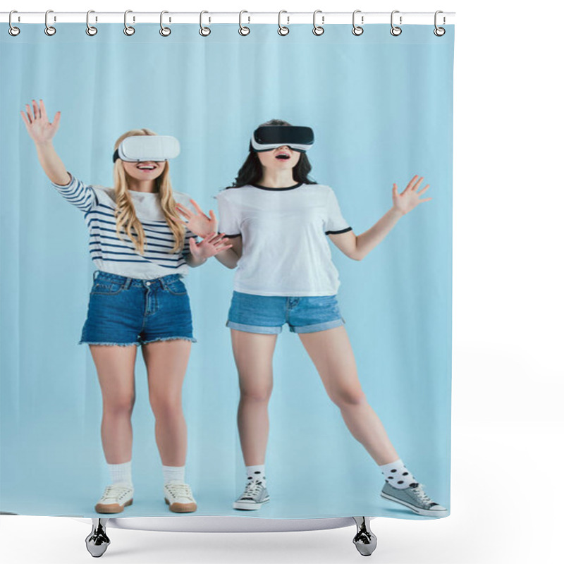 Personality  Excited Girls Posing In VR Headset Isolated On Blue Background Shower Curtains