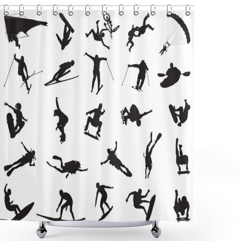 Personality  Black Silhouettes Of Extreme Sports On A White Background Shower Curtains