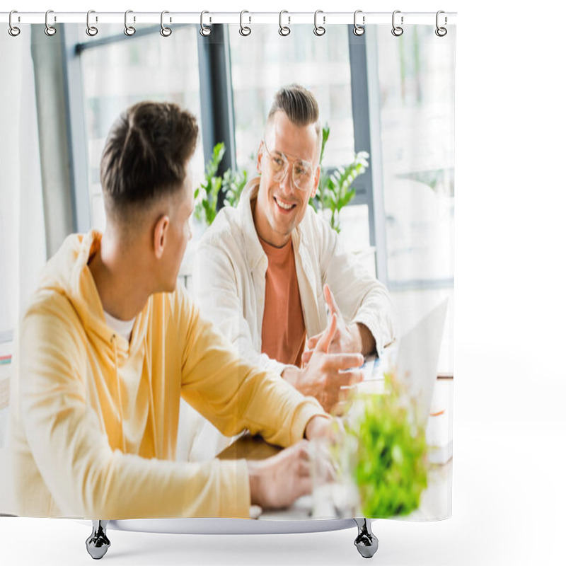 Personality  Two Young Businessmen Talking While Sitting Together At Workplace Shower Curtains