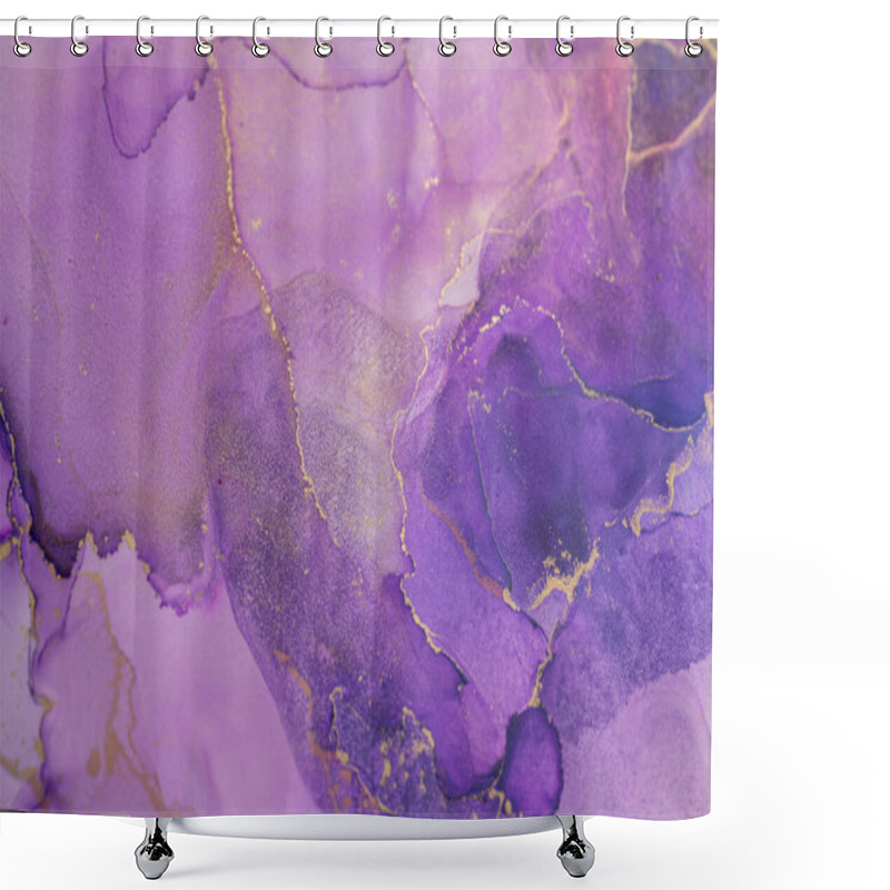 Personality  The Artwork Features A Blend Of Rich Purples With Delicate Golden Lines, Presenting Fluid And Layered Shapes That Evoke A Sense Of Depth And Movement. Shower Curtains