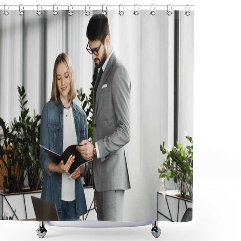 Personality  Smiling Woman Holding Paper Folder With Resume Near Businessman In Formal Wear During Job Interview In Office  Shower Curtains