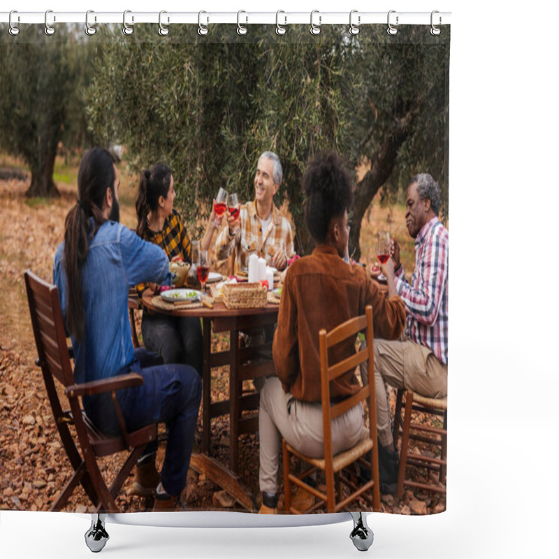 Personality  Multi Ethnic Group Of Farmers Enjoying Lunch And Toasting With Wine, Sitting At A Wooden Table Under Olive Trees, Celebrating Harvest Time And Sharing A Moment Of Conviviality Together Shower Curtains