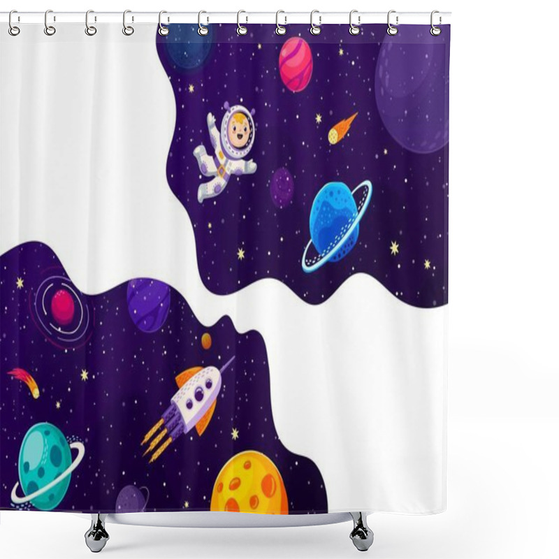 Personality  Space Banner, Cartoon Astronaut And Starship In Galaxy Space Planets, Vector Background. Kid Spaceman And Spaceship In Outer Space, Galaxy World With Rockets In Galactic Starry Sky And Alien Planets Shower Curtains