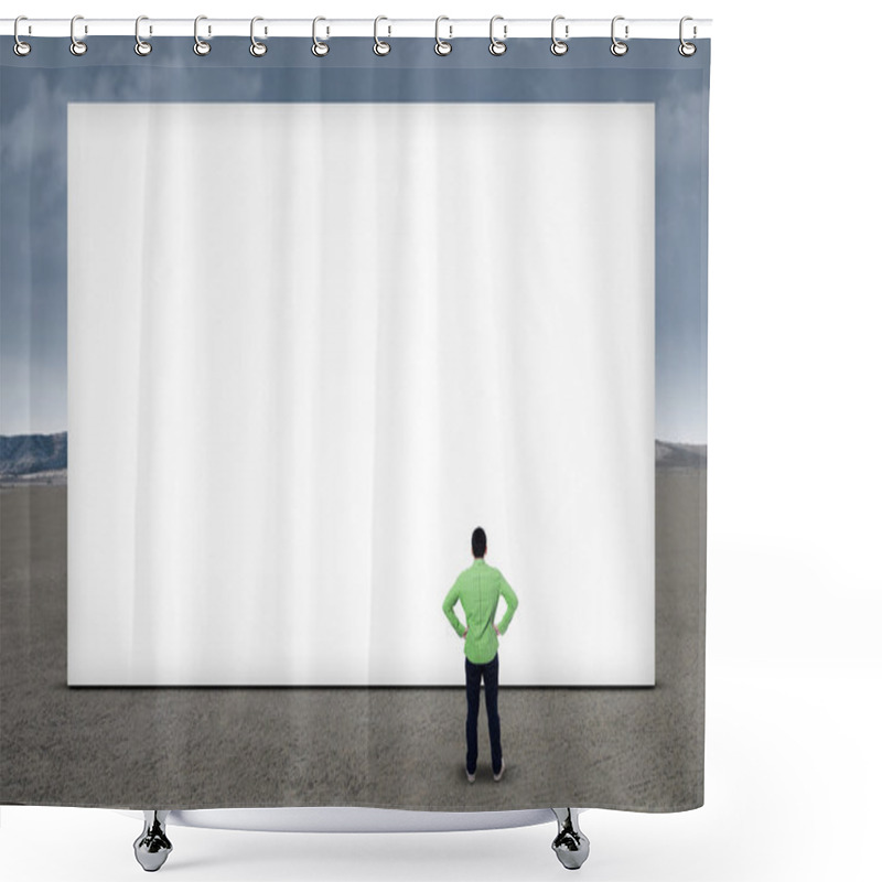 Personality  Businessman Standing In Front Of Blank Board Shower Curtains