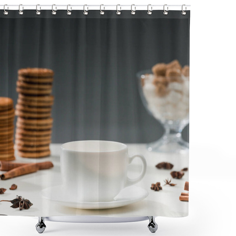 Personality  White Cup For Coffee On Table With Cookies And Spices Shower Curtains