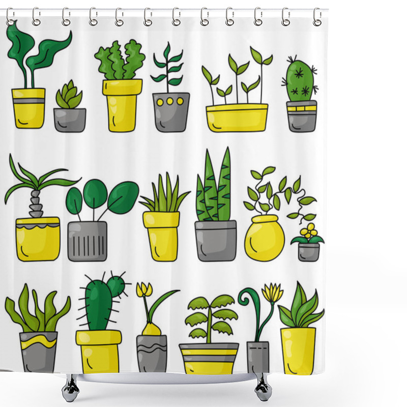 Personality  A Set Of Indoor Various Plants In A Doodle Style, Different Types Of Blooming And Not Only Indoor Plants In Bright Gray And Yellow Pots Vector Illustration Shower Curtains