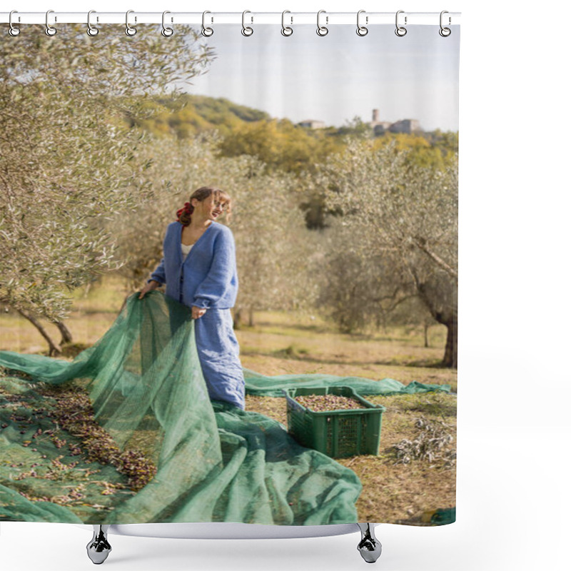 Personality  A Woman Collecting Olives Using A Green Harvesting Net In A Scenic Olive Grove With A Rustic Countryside Backdrop. A Moment Reflecting The Beauty Of Sustainable Agriculture Shower Curtains