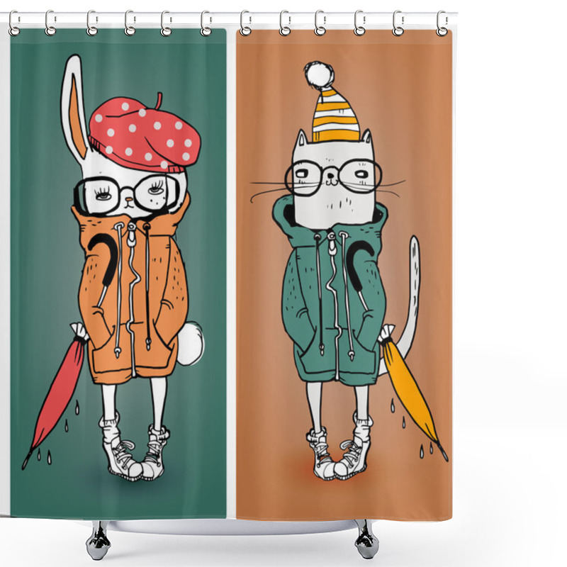 Personality  Cute Cat And Hare In Warm Clothes Shower Curtains