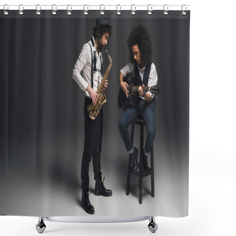 Personality  Stylish Duet Of Musicians Playing Sax And Acoustic Guitar On Black Shower Curtains