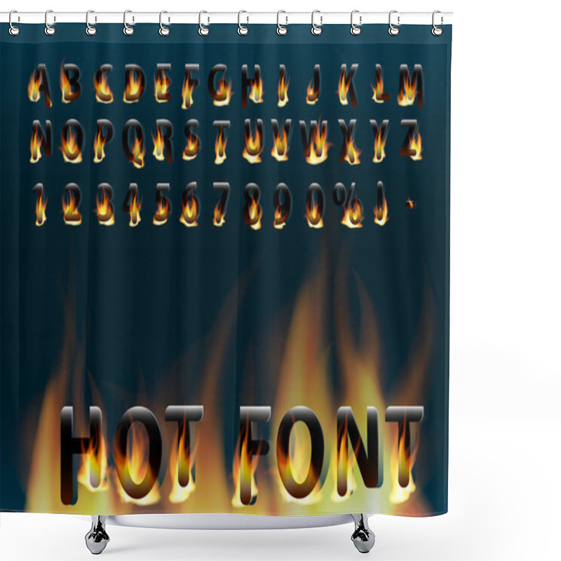 Personality  Hot Font. Fiery Letters And Numbers. Alphabet. Fire Burning Vector Font. Shower Curtains